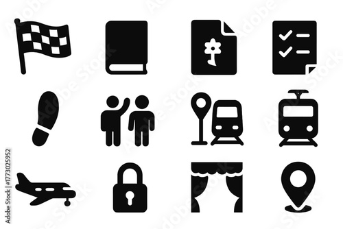 End-of-Activity Icons. Solid style icons of end-of-activity: finish flag, closed book, final page, done checklist, last step