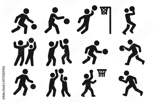 Basketball Action Icons. Solid style icons of Basketball actions: dribble, pass, shoot, dunk, rebound, block, steal, layup,