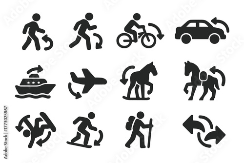 Retreat Icons Set. Solid style icons of movement retreat: walking back, runner turning, cyclist U-turn, car reversing, ship