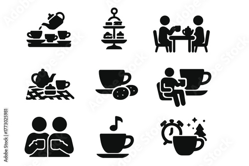 Tea Time Icons. Solid style icons of Tea moments: afternoon tea, high tea tray, tea party, picnic tea, tea with cookies, tea with