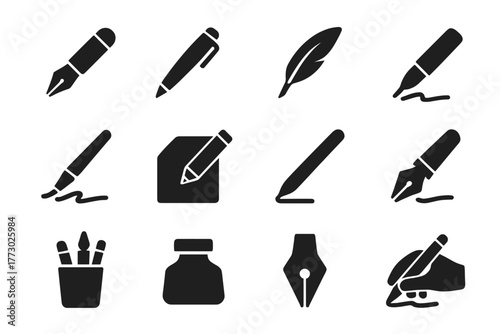 Writing Instruments Icons. Solid style icons of Writing instruments: fountain pen, ballpoint pen, ink quill, calligraphy pen,