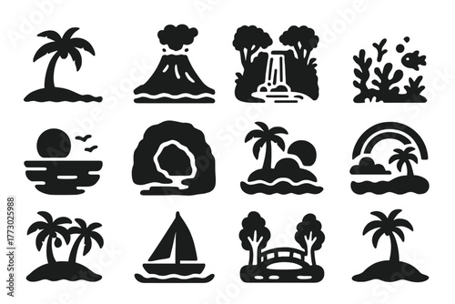 Exotic Scenery Icons. Solid style icons of exotic scenery: palm beach, volcano, jungle waterfall, coral reef, ocean horizon,