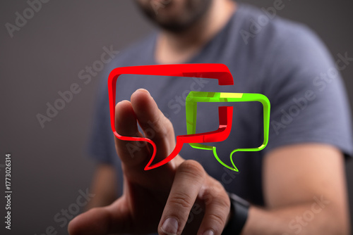 A man touches digital commu...