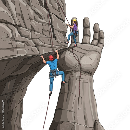 A pair of rock climbers scale an imaginative overhang resembling a giant hand.