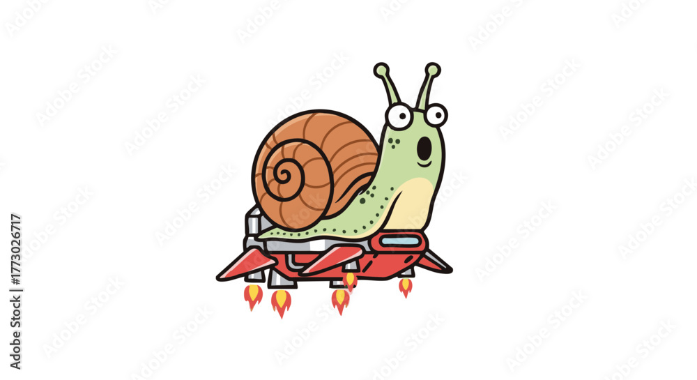 Obraz premium A surprised snail flying with a rocket jetpack — humorous contrast between slow and fast, illustrated in a playful comic style on a clean white background