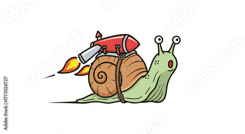 Snail with a rocket strapped to its shell, ready to blast off — a hilarious twist on speed and laziness, captured in a bold comic style on a white background