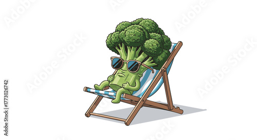 Cool broccoli relaxing in a striped deck chair wearing oversized sunglasses — a humorous summer-themed illustration combining vegetables with laid-back vacation vibes on a white background.