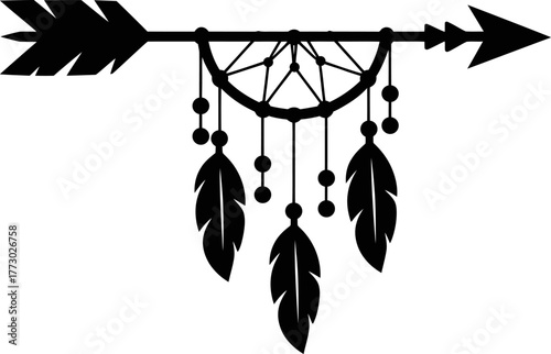 Black and White Dreamcatcher Arrow Graphic with Feathers