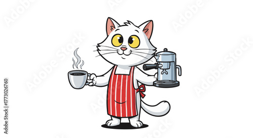 White cat barista in a red apron, holding a steaming coffee cup and espresso machine — the purr-fect start to your day, served with whiskers and caffeine!