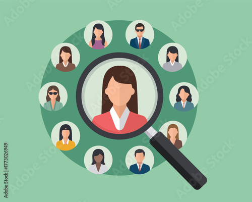 Magnifying glass highlights a woman in a diverse group of people
