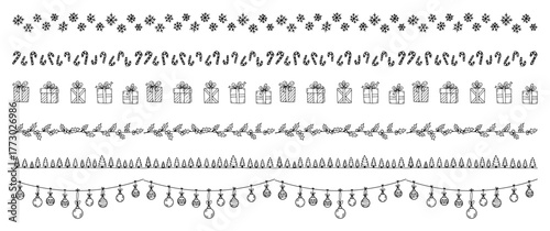 Hand drawn Christmas borders and dividers vector set with snowflakes candy canes gifts trees and string lights