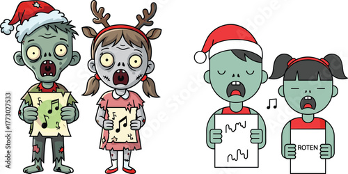 Zombie children Christmas carolers, cartoon undead singers, funny holiday illustration, spooky festive artwork, creepy cute characters