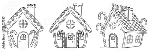 Set of Hand Drawn Christmas Gingerbread Houses Vector Outline Illustration for Coloring Page