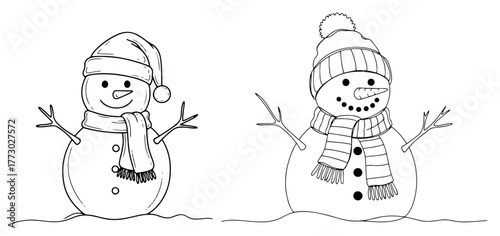 Hand drawn snowman duo winter outline vector set with scarf hat and carrot nose perfect for christmas coloring pages