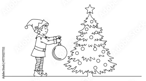 Christmas elf decorating tree with giant bauble outline vector for holiday coloring pages