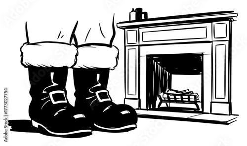 Santa Claus Boots in Front of a Fireplace Hand Drawn Vector Sketch Illustration