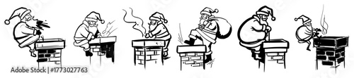 Set of Funny Santa Claus in Chimney Comic Sketches Hand Drawn Vector Illustrations