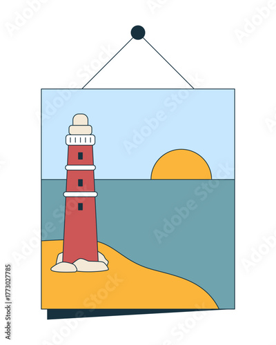 Hanging lighthouse wall art with sunset 2D cartoon object. Decorative poster with coastal beacon oceanside. Seaside maritime decor isolated element flat vector clip art on white. Spot illustration