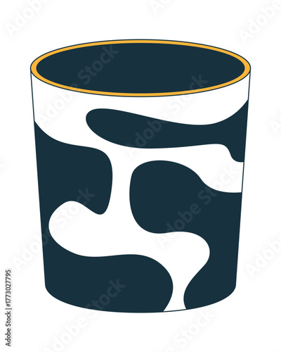 Wastebasket with modern abstract cow print 2D cartoon object. Empty wastepaper basket. Trash bin. Black and white pattern garbage can isolated element flat vector clip art on white. Spot illustration