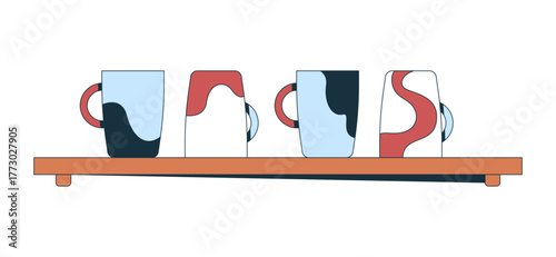 Artistic coffee mugs on wooden shelf 2D cartoon object. Ceramic drinkware. Coffeecups with bold abstract patterns. Kitchen decor isolated element flat vector clip art on white. Spot illustration