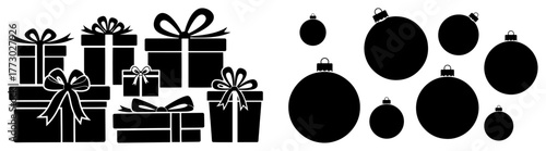 Set of Christmas Gift Boxes and Ornaments Silhouettes Vector Holiday Presents and Baubles Icons