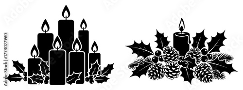 Christmas candle centerpiece silhouettes with holly berries and pine cones elegant vector decor set
