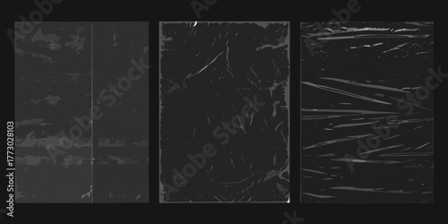 Three abstract dark textured backgrounds with different grunge and plastic wrap effects