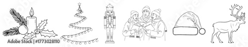 Hand drawn Christmas icons set with candle holly garland tree nutcracker carolers santa hat and reindeer outline vector for coloring and decor