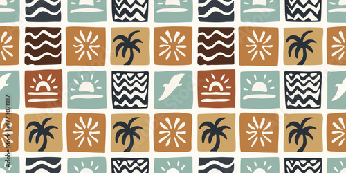 Mid century modern tropical pattern with palm trees sunsets and waves