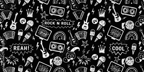 Funky rock and roll doodle pattern with guitars microphones and ice cream cones
