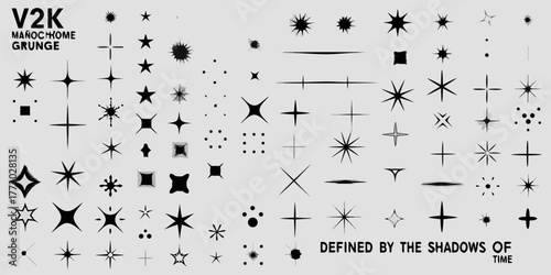 Collection of diverse black starbursts sparkles and grunge elements on a light gray background