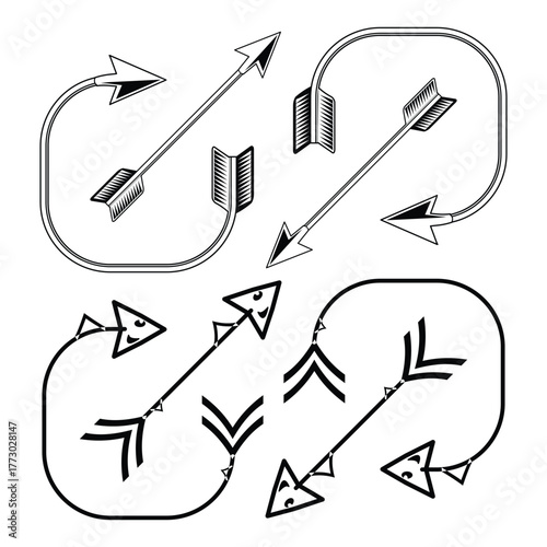 Black and white illustration depicting various curved and straight arrow shapes