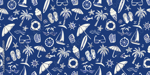 Whimsical summer beach vacation pattern with palm trees sailboats umbrellas and sunglasses