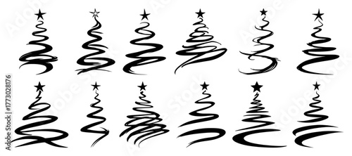 Set of Abstract Christmas Tree Icons Modern Stylized Scribble Holiday Tree Vector Collection