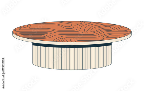 Round coffee table with textured wood top 2D cartoon object. Wooden furniture. Circular surface with ribbed cylindrical base isolated element flat vector clip art on white. Spot illustration