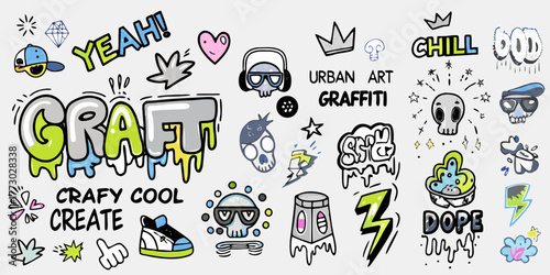 Graffiti art collection featuring skulls lightning bolts and urban phrases