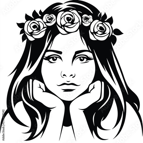 Monochromatic girl with dark hair and flower crown resting her chin in her hands
