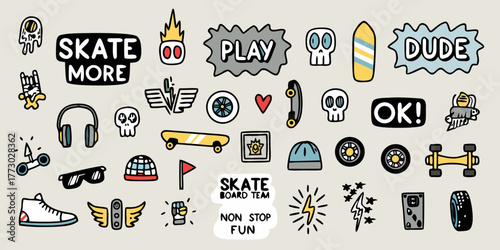 A collection of hand drawn doodles and icons related to skateboarding and youth culture