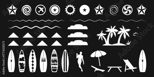 Collection of white summer vacation icons and symbols on a black background