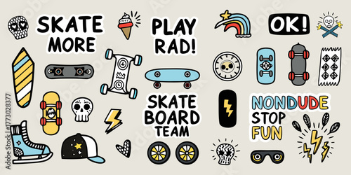 Collection of fun and colorful skateboard themed stickers with text and illustrations