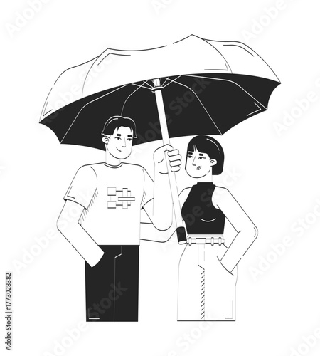 Korean couple standing under protective umbrella doodle linear characters. Asian girlfriend boyfriend supportive 2D vector outline people isolated. Hand drawn drawing illustration monochrome