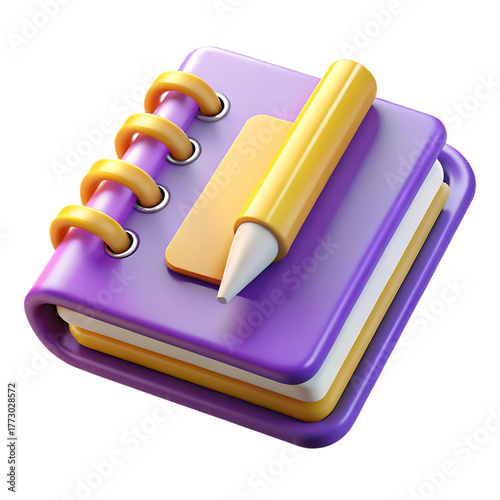 3d illustration of a purple notebook with a yellow pen isolated on transparent background
