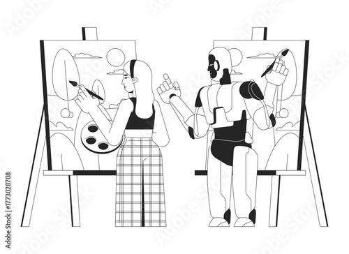 AI stealing from artist line illustration concept. Theft of intellectual property. Artificial intelligence copying, replicating human creativity outline 2D characters isolated. Ink linear metaphor