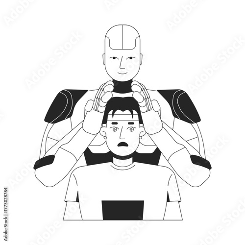 AI as tool for propaganda line illustration concept. Manipulation of thoughts, beliefs. Artificial intelligence controlling human mind outline 2D characters isolated. Ink linear metaphor vector art