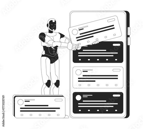 AI algorithms in digital content sorting line illustration concept. Artificial intelligence filtering out automated social media feed outline 2D character isolated. Ink linear metaphor vector art