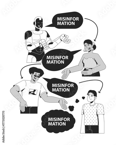 Spread of misinformation through AI line illustration concept. Artificial intelligence generates false, misleading news among users outline 2D characters isolated. Ink linear metaphor vector art