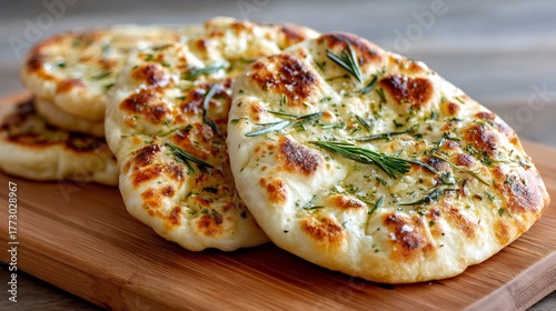 Delicious indian naan bread with charred spots and flaky sea salt, topped with fresh rosemary and minced garlic