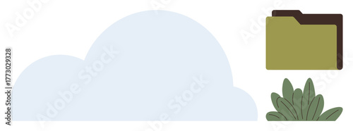 Cloud shape next to a folder and plants. Ideal for cloud storage, data sharing, eco-tech, digital organization, IT infrastructure, environmental tech, digital ecosystems. Simple flat metaphor