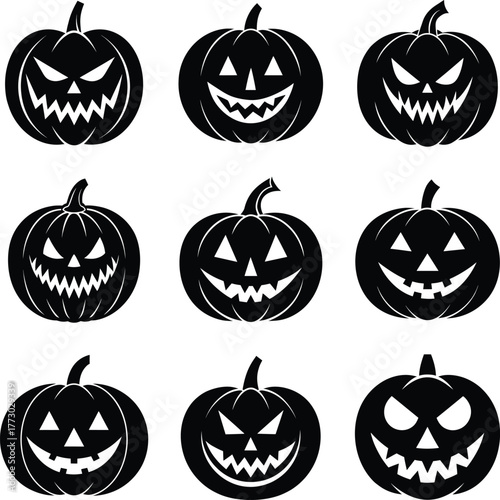Set of Halloween Pumpkin Faces, Scary Jack O Lantern Icon Collection
