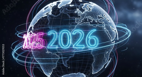 The year 2026 is displayed with a globe and neon lights, representing the future of global technology and digital transformation